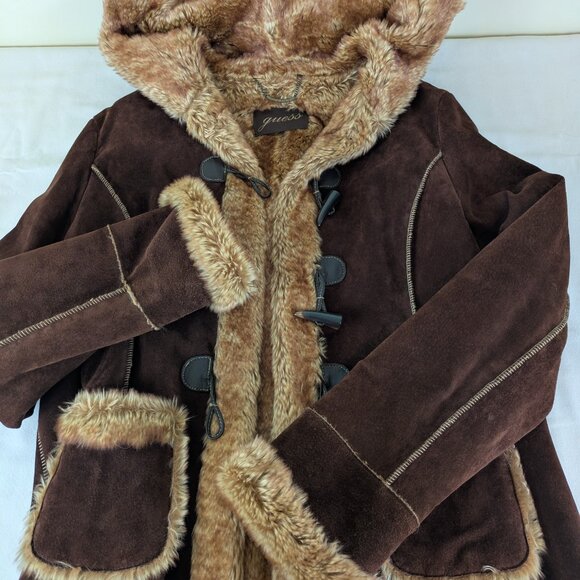 Vintage Y2K Penny Lane Suede Guess Hoodie Hooded Coat w/ Faux Fur Lining L - Picture 9 of 11